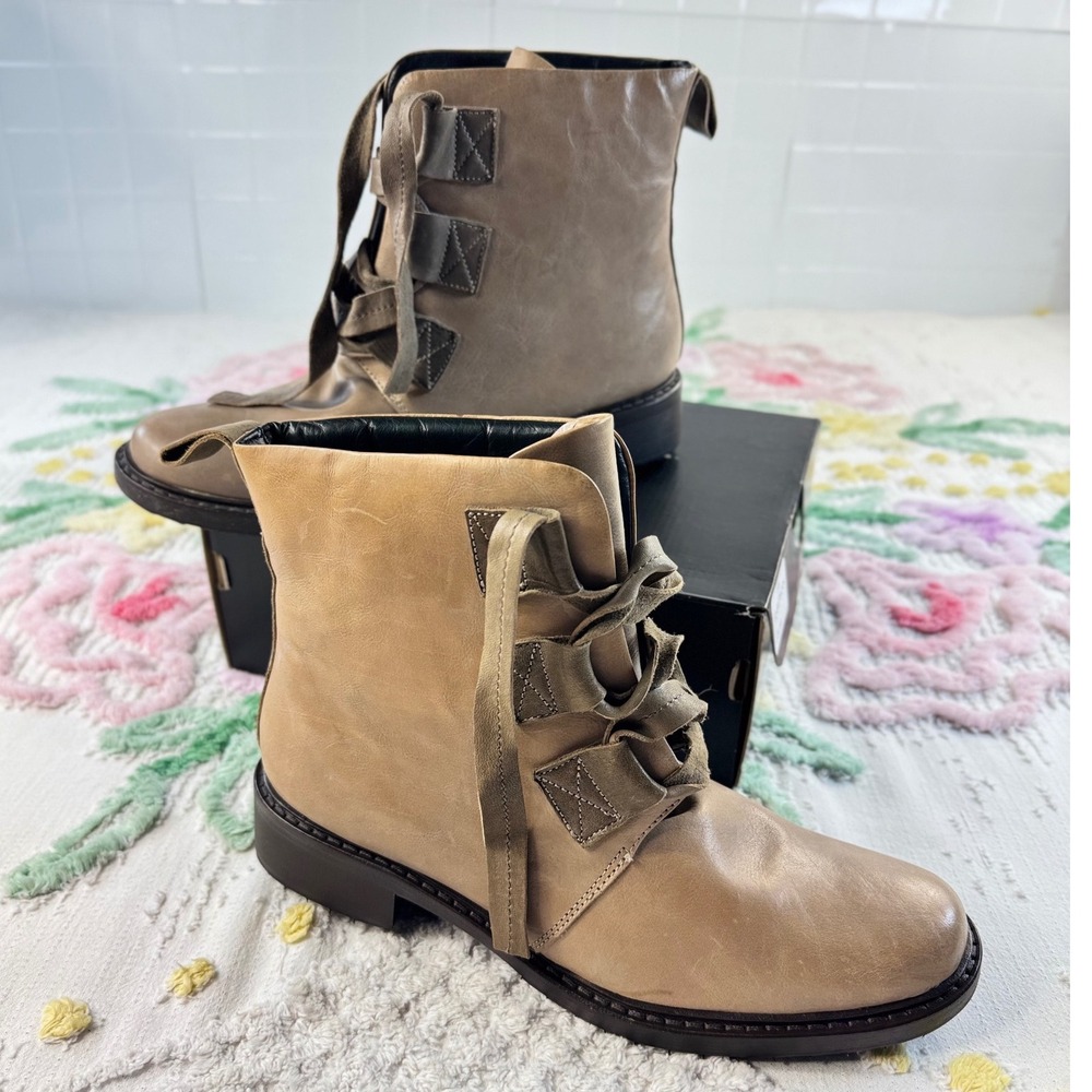 Dusica Dusica Italian Leather Lace Up Lug Sole Ankle Boots Tan Taupe Size 36